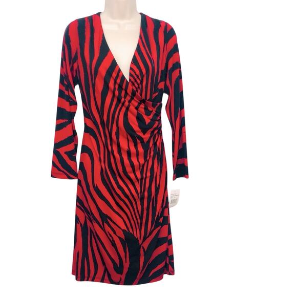 NWT Ronni Nicole Black Red Zebra Office Siren Wrap Dress V Neck Long Sleeve - Picture 1 of 16